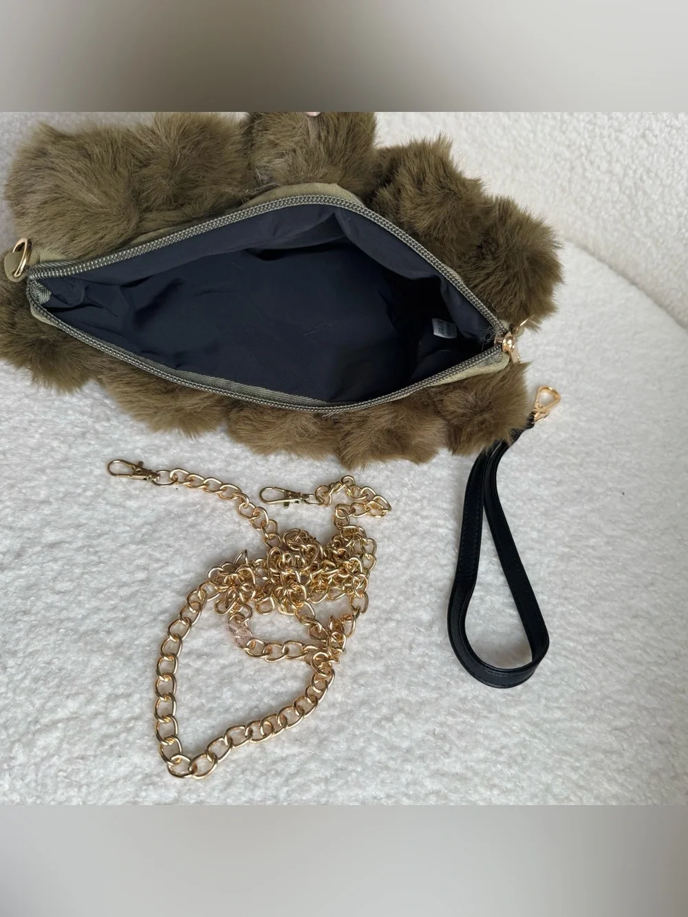 Olive Faux Fur Pom Bag with Gold Zip